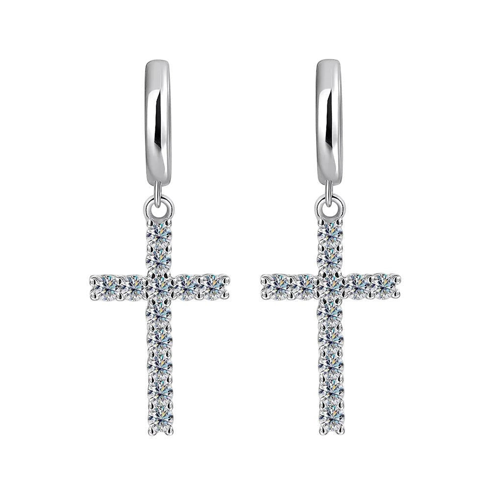 Bee-Bee's sterling silver cross hoop earrings with moissanite stones, 15mm high, 10mm wide.