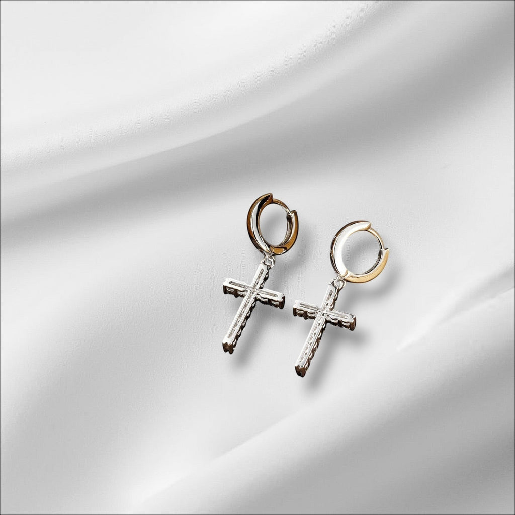 Bee-Bee's Sterling silver cross hoop earrings with moissanite stones and 18k white gold plating.