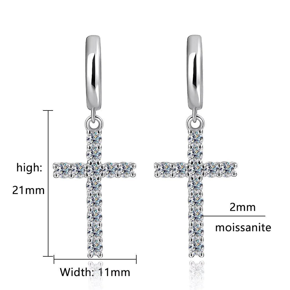 Bee-Bee's sterling silver cross hoop earrings with moissanite stones, 21mm high, 11mm wide.