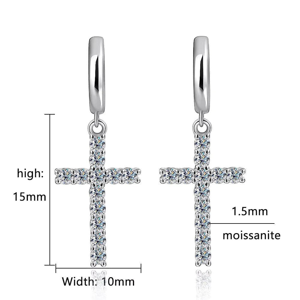 Bee-Bee's Sterling silver hoop earrings with dangling cross charms, encrusted with 24 round moissanite stones.