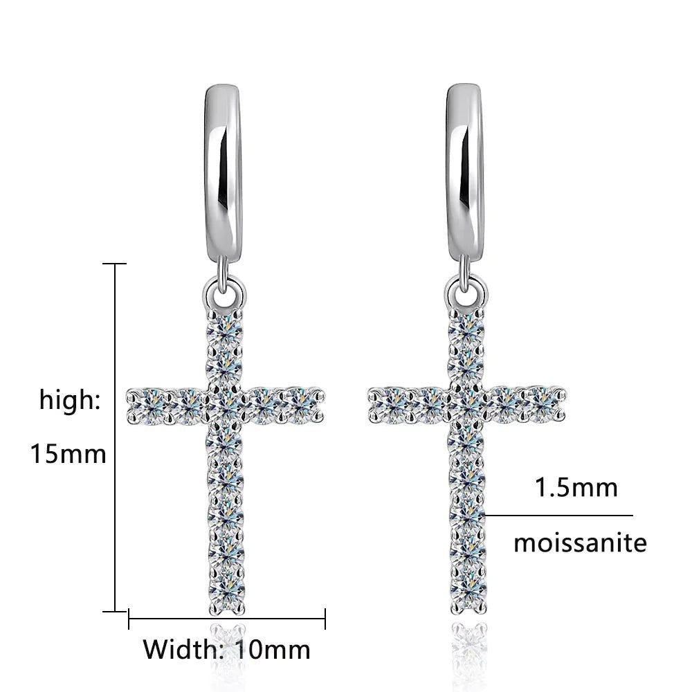 Bee-Bee's Sterling silver hoop earrings with dangling cross charms, encrusted with 24 round moissanite stones.