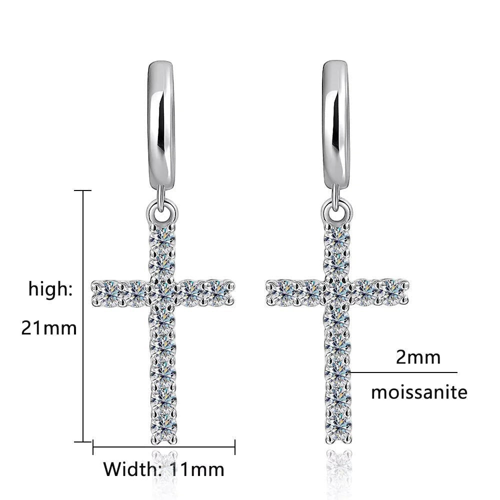 Bee-Bee's sterling silver cross hoop earrings with moissanite stones, 21mm high, 11mm wide.