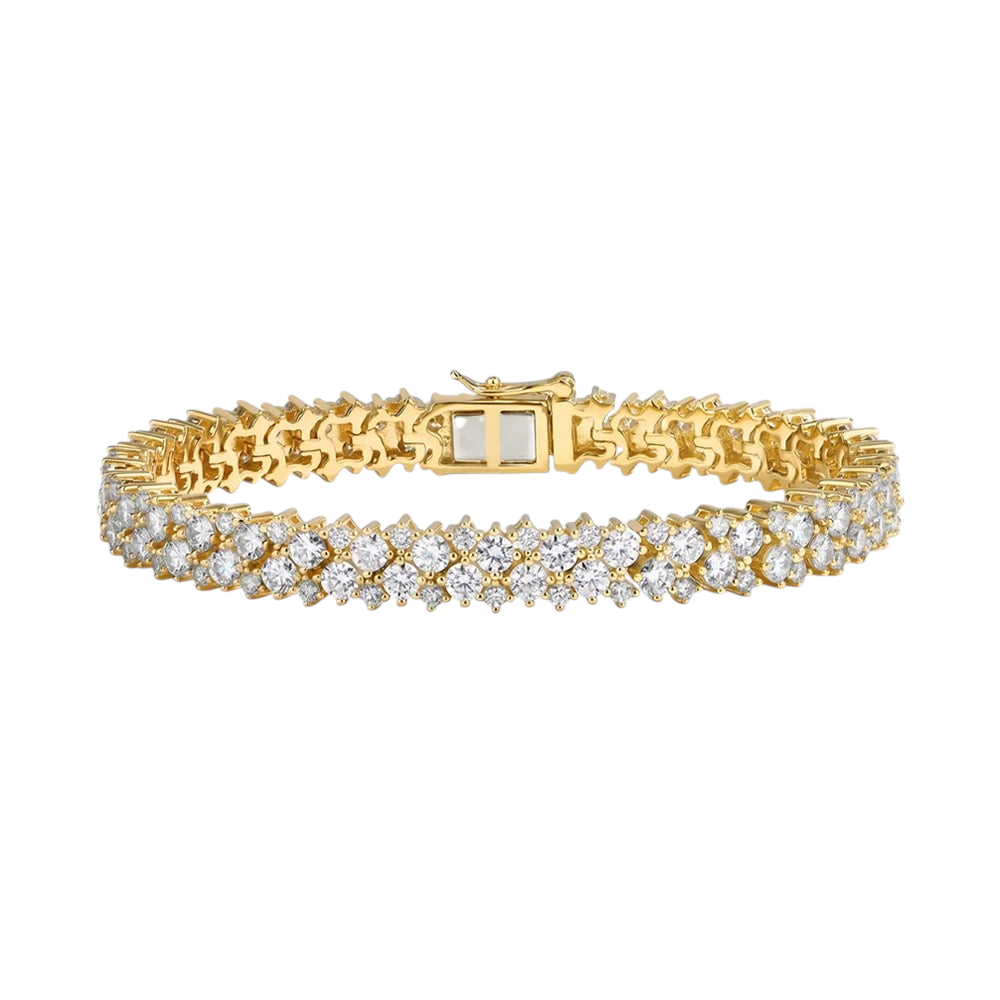 Bee-Bees double row moissanite tennis bracelet in 18K gold-plated 925 sterling silver with sparkling VVS1 stones.