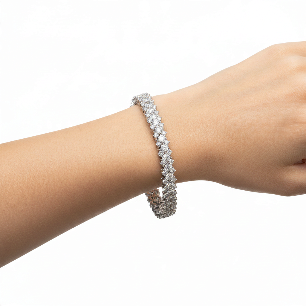 Bee-Bees double row moissanite tennis bracelet in 925 sterling silver worn on a wrist, showing brilliant sparkle.