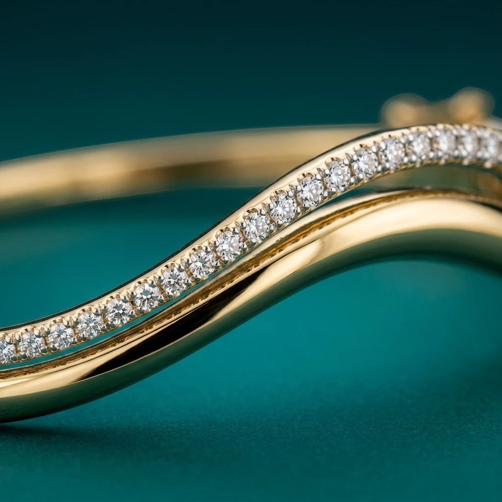 Bee-Bees Double wavy bangle with 1.5mm D Color Moissanite stones in 18K gold plated s925 sterling silver.
