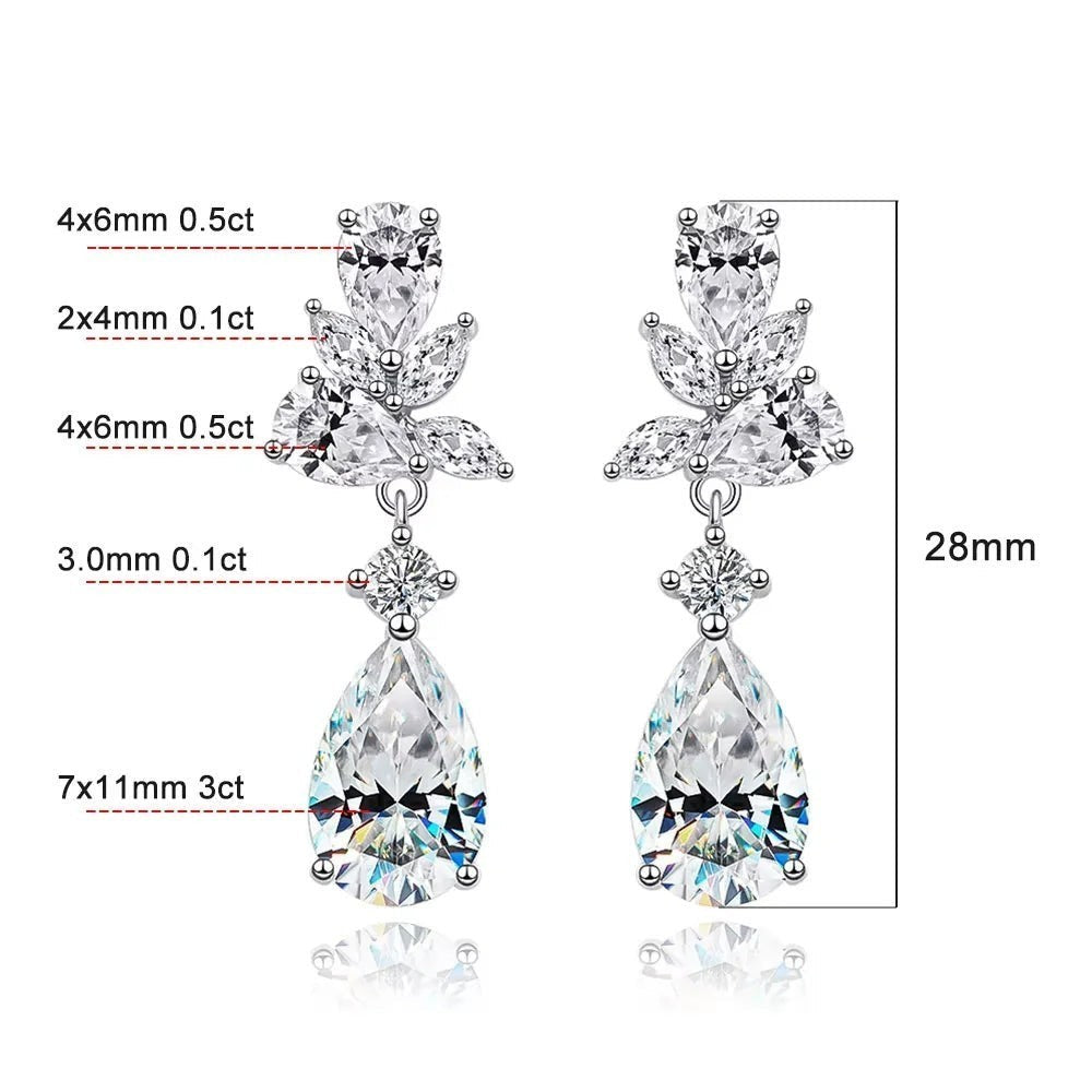 Bee-Bees Emerald Cut Moissanite Drop Earrings with 8.8ct total weight, D Color, VVS1 Clarity, and 18k gold plating over S925 silver.