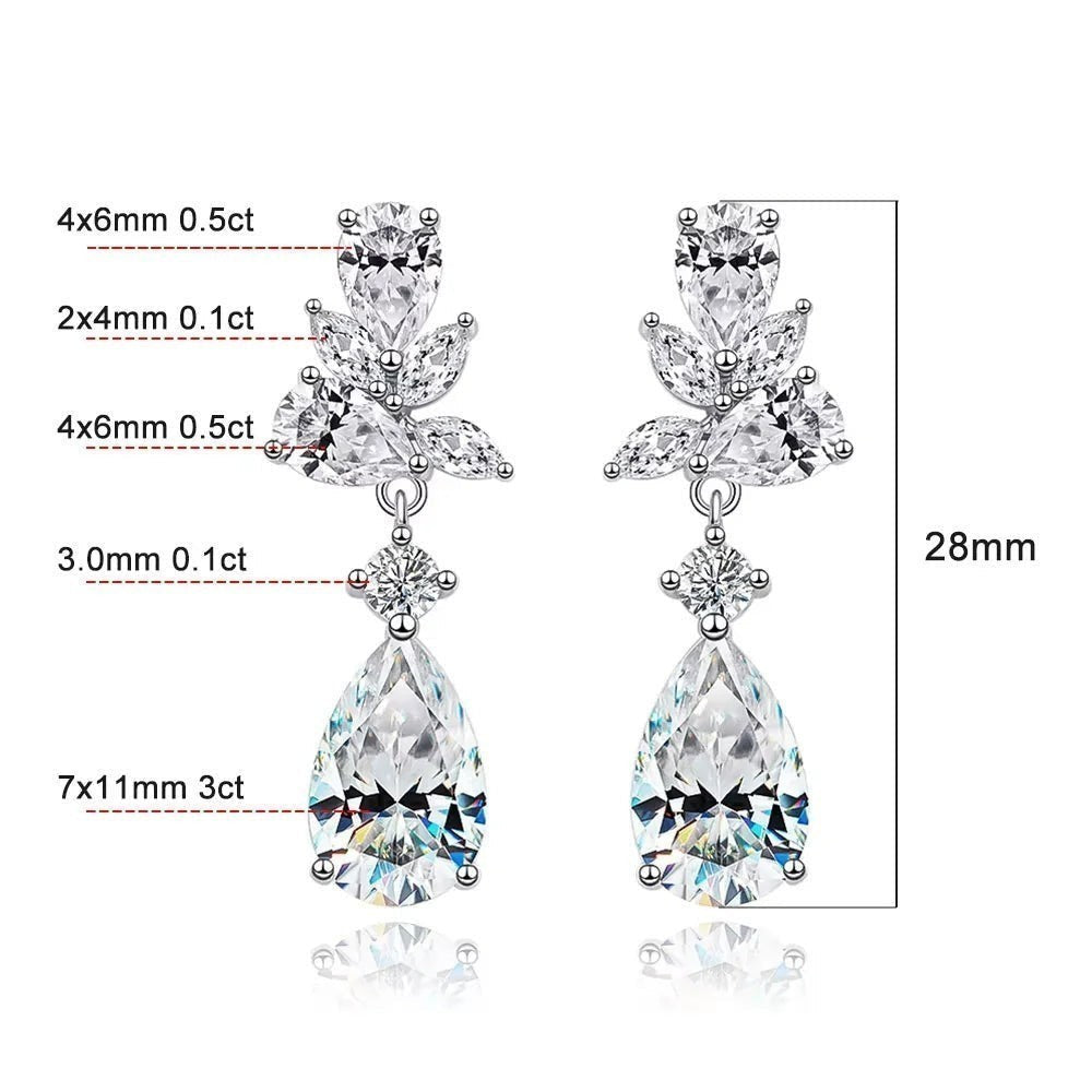 Bee-Bees Emerald cut moissanite drop earrings with pear-shaped stones, 28mm length, 8.8ct total weight, GRA certified.