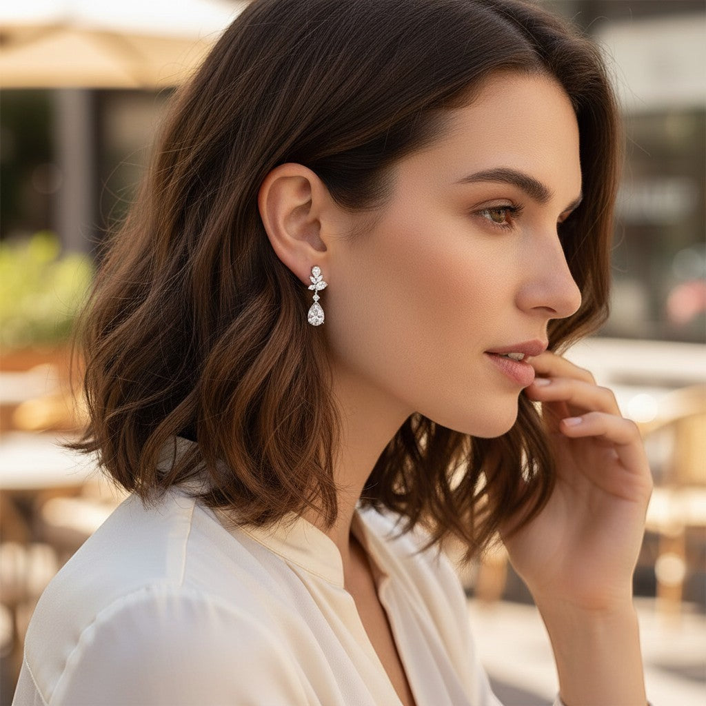 Bee-Bees emerald cut moissanite drop earrings worn by a woman, featuring 8.8ct D color stones in 18k gold plated silver