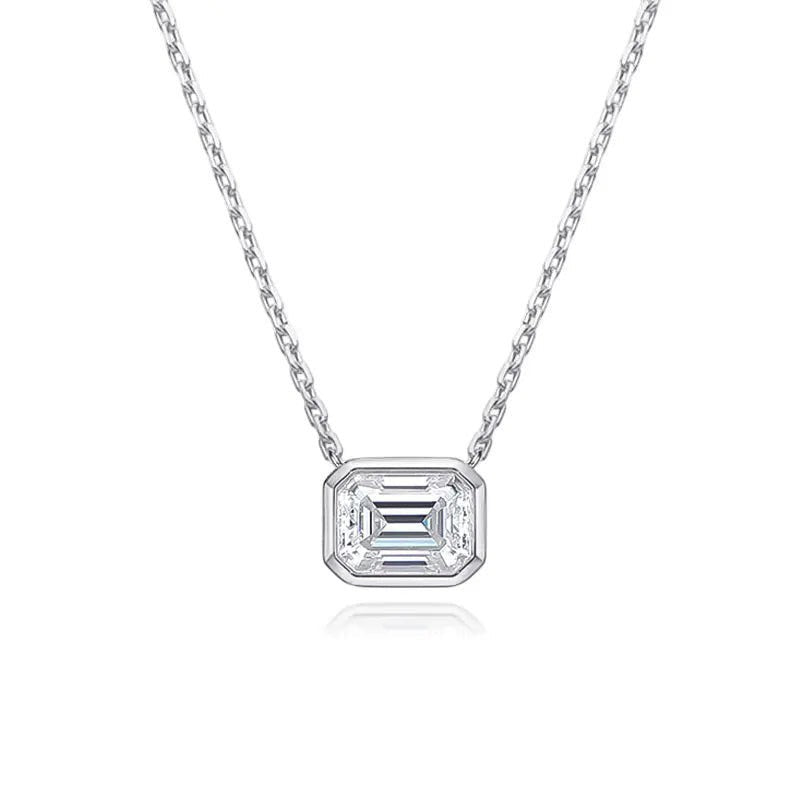 Bee-Bee's 2ct emerald cut moissanite necklace with D color, VVS1 clarity, set in 18k gold plated sterling silver.