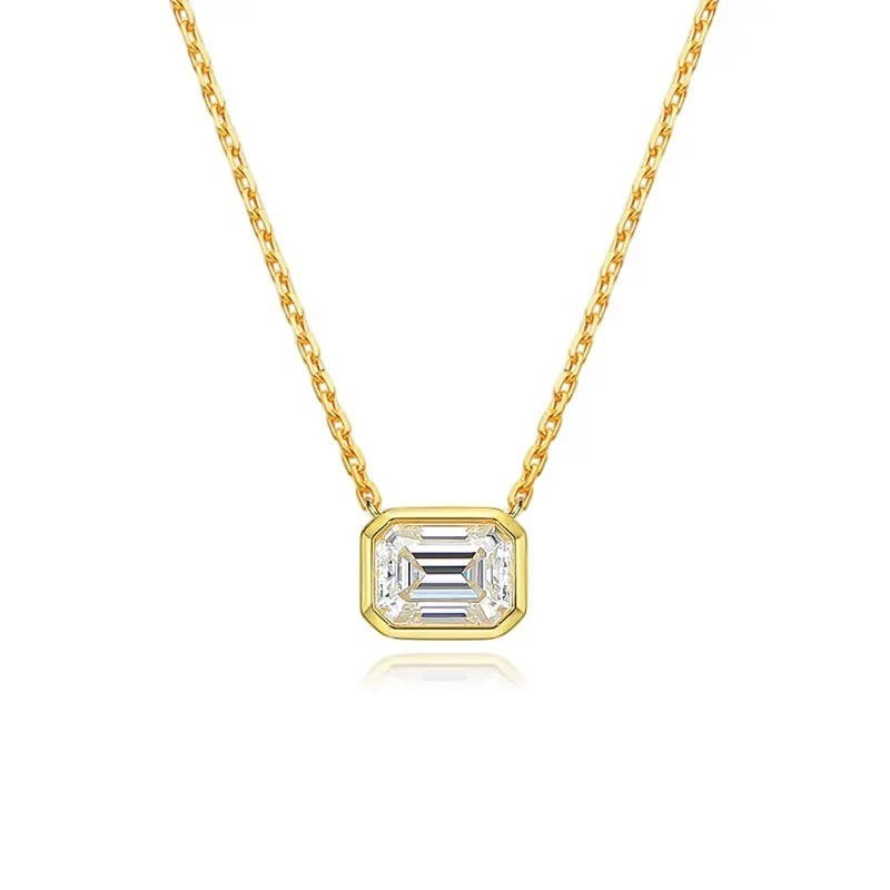 Bee-Bees 2ct emerald cut moissanite necklace with D color and VVS1 clarity, set in 18k gold plated sterling silver.