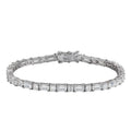 Bee-Bees Sterling silver tennis bracelet with emerald-cut moissanite stones and white gold plating.