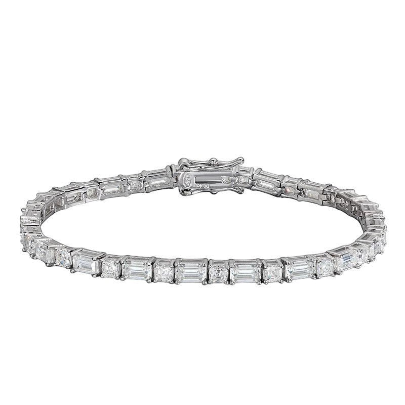 Bee-Bees Sterling silver tennis bracelet with emerald-cut moissanite stones and white gold plating.