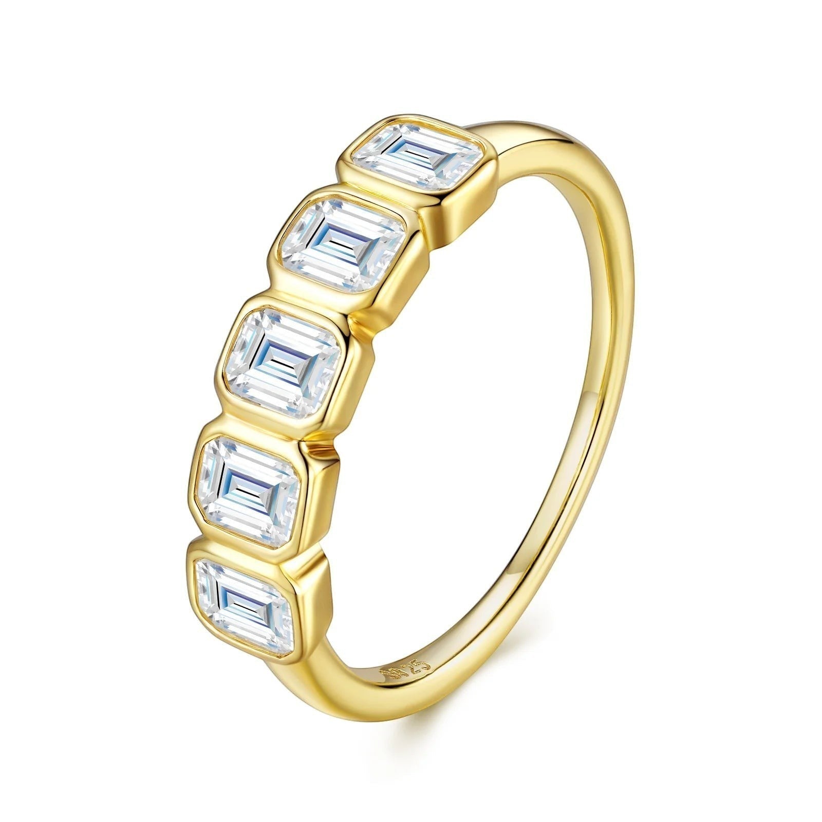 Bee-Bees 2.5ctw emerald cut moissanite 5-stone anniversary band in 18k gold plated sterling silver.