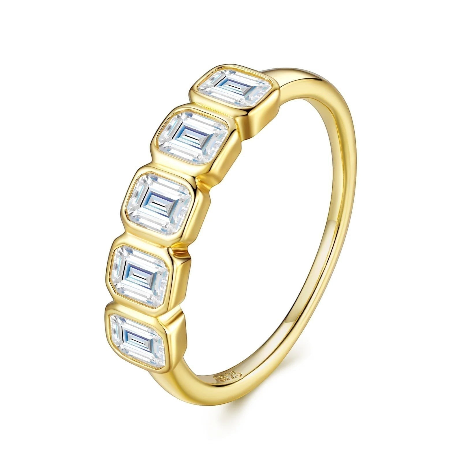 Bee-Bees 2.5ctw emerald cut moissanite 5-stone anniversary band in 18k gold plated sterling silver.
