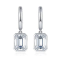 Bee-Bees D Color Emerald Cut Moissanite Hoop Drop Earrings in 18k white gold plated sterling silver.