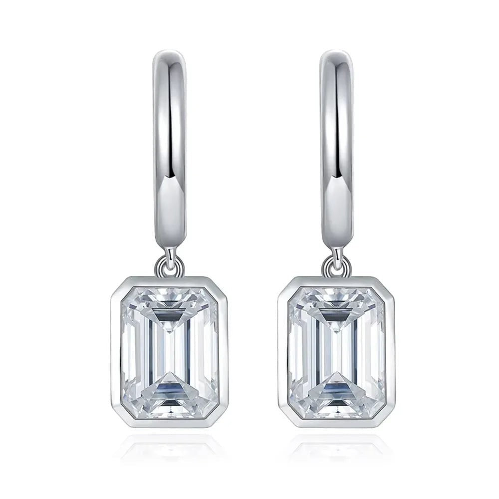 Bee-Bees D Color Emerald Cut Moissanite Hoop Drop Earrings in 18k white gold plated sterling silver.