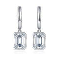 Bee-Bees D Color Emerald Cut Moissanite Hoop Drop Earrings in 18k white gold plated sterling silver.