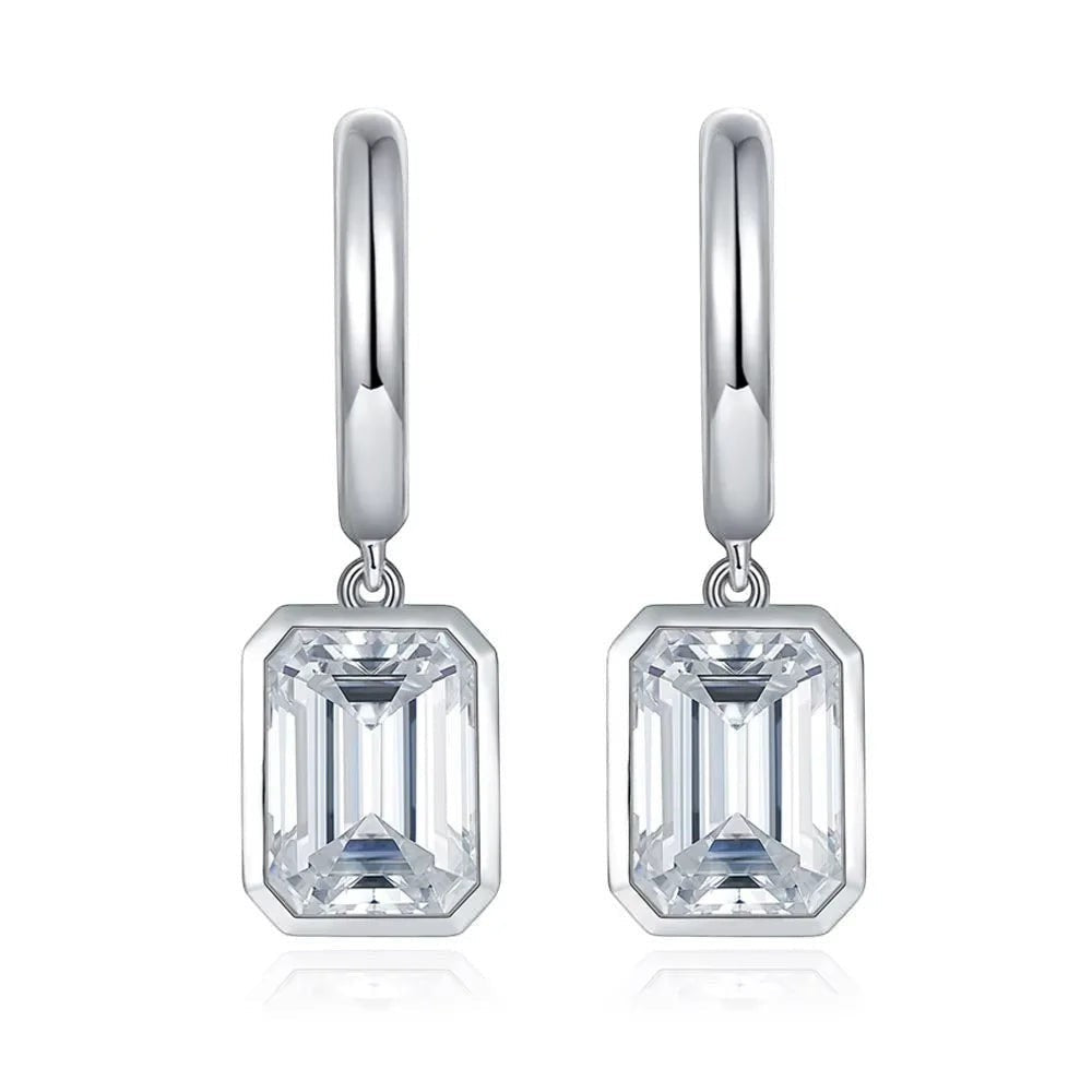 Bee-Bees D Color Emerald Cut Moissanite Hoop Drop Earrings in 18k white gold plated sterling silver.