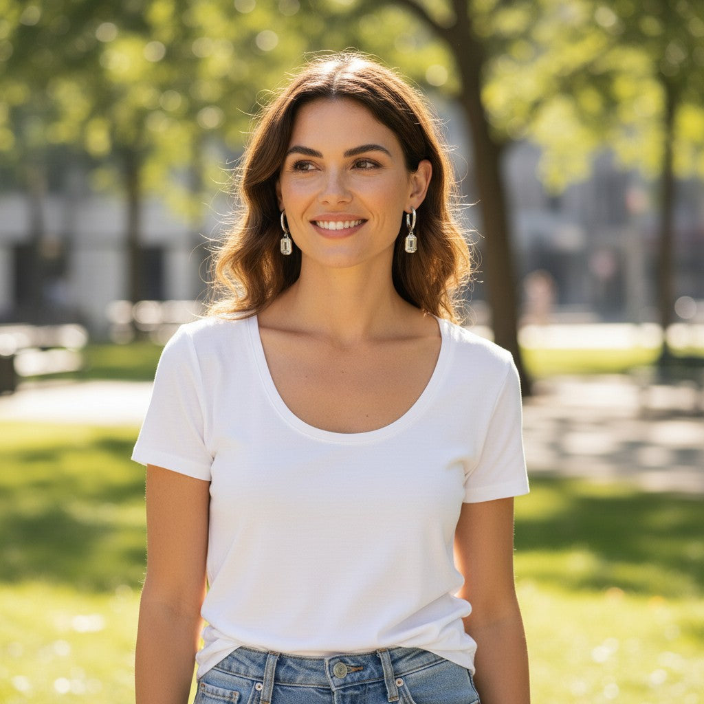 Bee-Bees emerald cut moissanite hoop drop earrings in 18k white gold plated silver worn by a smiling woman outdoors.