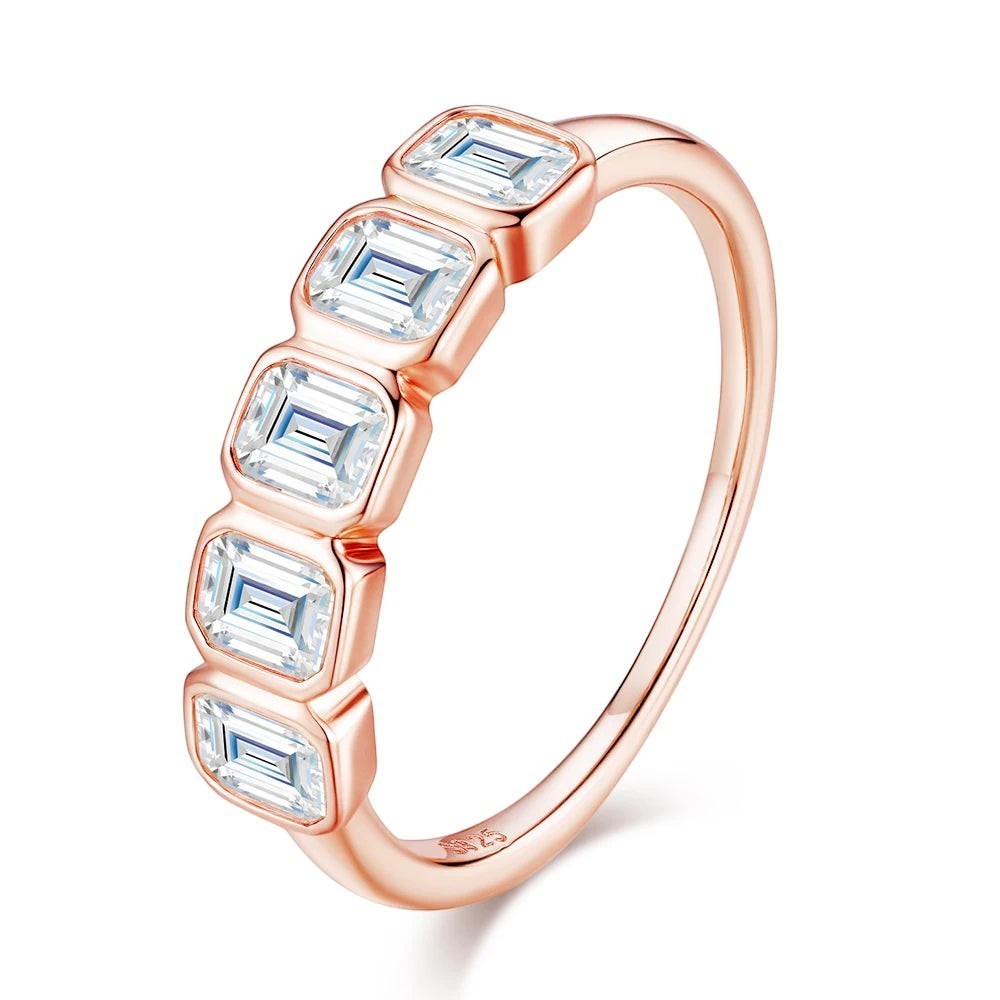 Bee-Bees rose gold 5-stone anniversary band with 2.5ctw D Color Emerald Cut Moissanite.