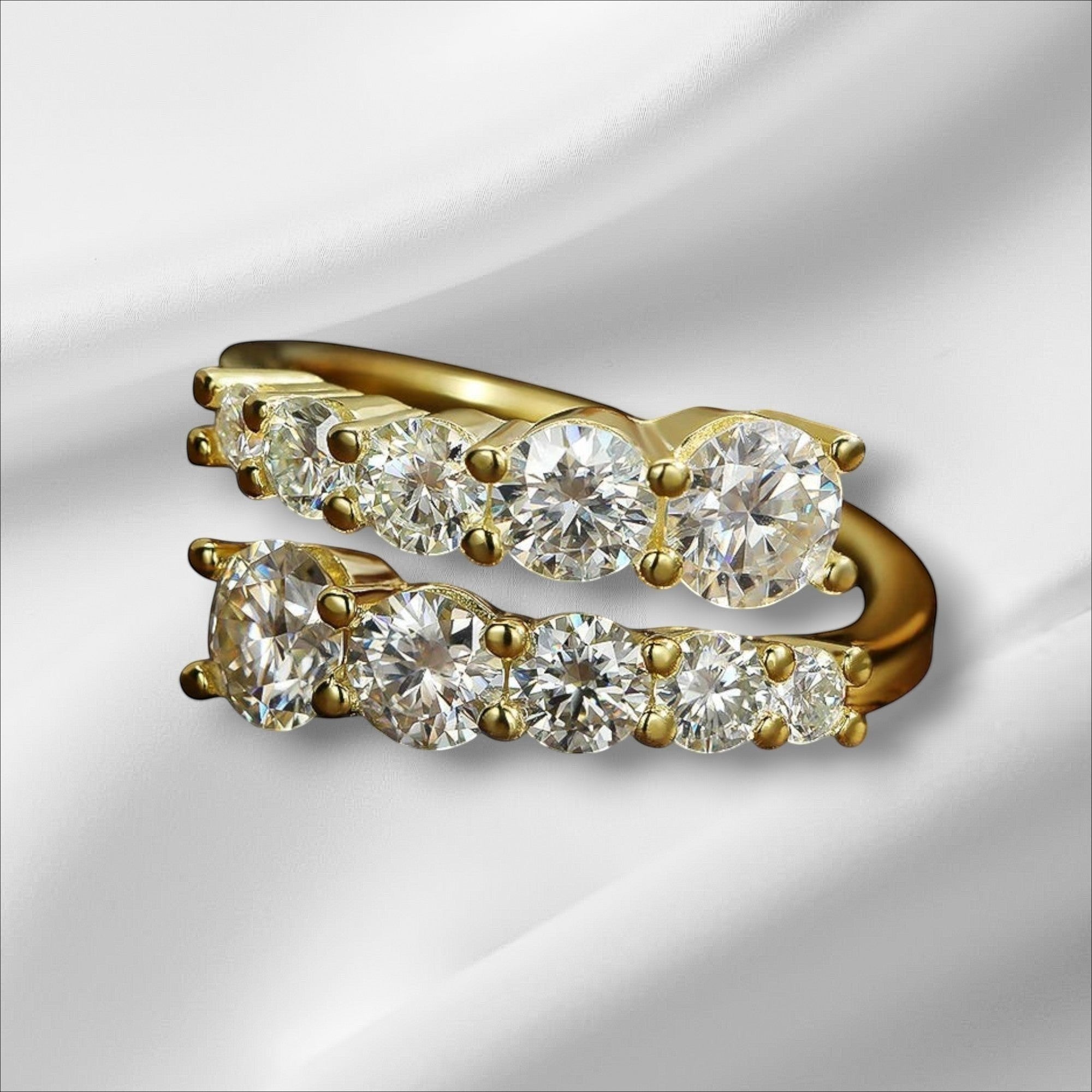 Bee-Bees 18k gold plated sterling silver eternity band with 8 round brilliant D Color VVS1 Moissanite stones.