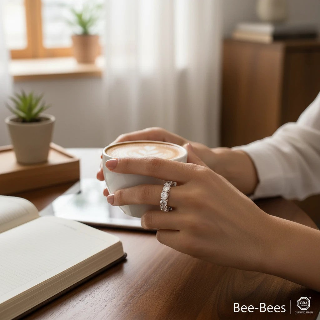 Bee-Bees full eternity moissanite band with 7ctw GRA certified stones in 925 sterling silver with 18k white gold plating.