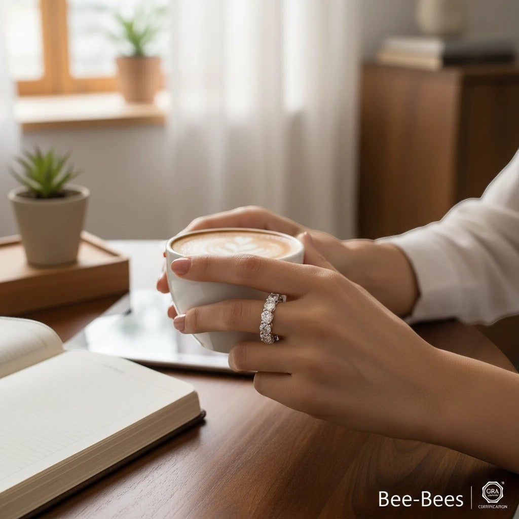 Bee-Bees full eternity moissanite band with 7ctw GRA certified stones in 925 sterling silver with 18k white gold plating.