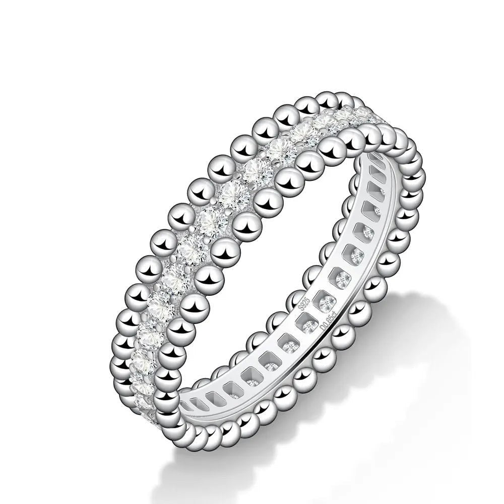 Bee-Bees VVS1 Moissanite full eternity wedding band, 18k white gold plated sterling silver with beaded detail.