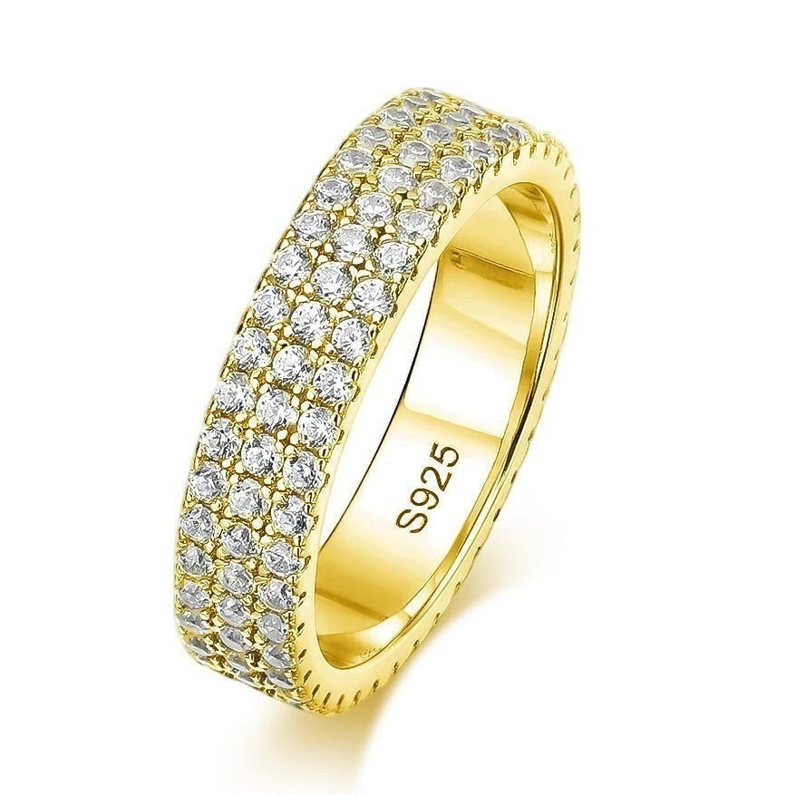 Bee-Bees 18k gold plated 925 sterling silver eternity ring with three rows of sparkling moissanite stones.