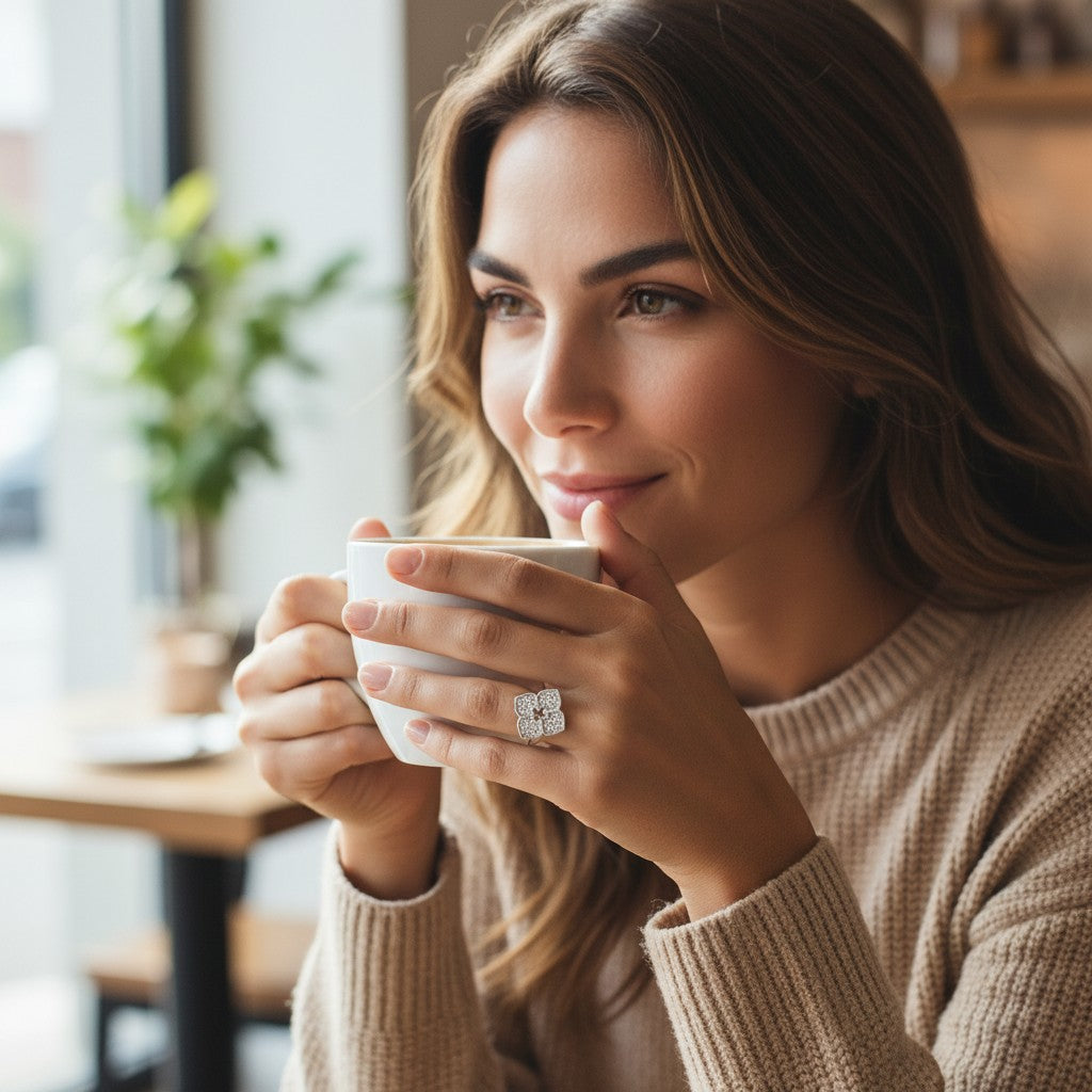 A woman wearing a Bee-Bees four-leaf clover moissanite ring while holding a white coffee mug in a cozy cafe setting.