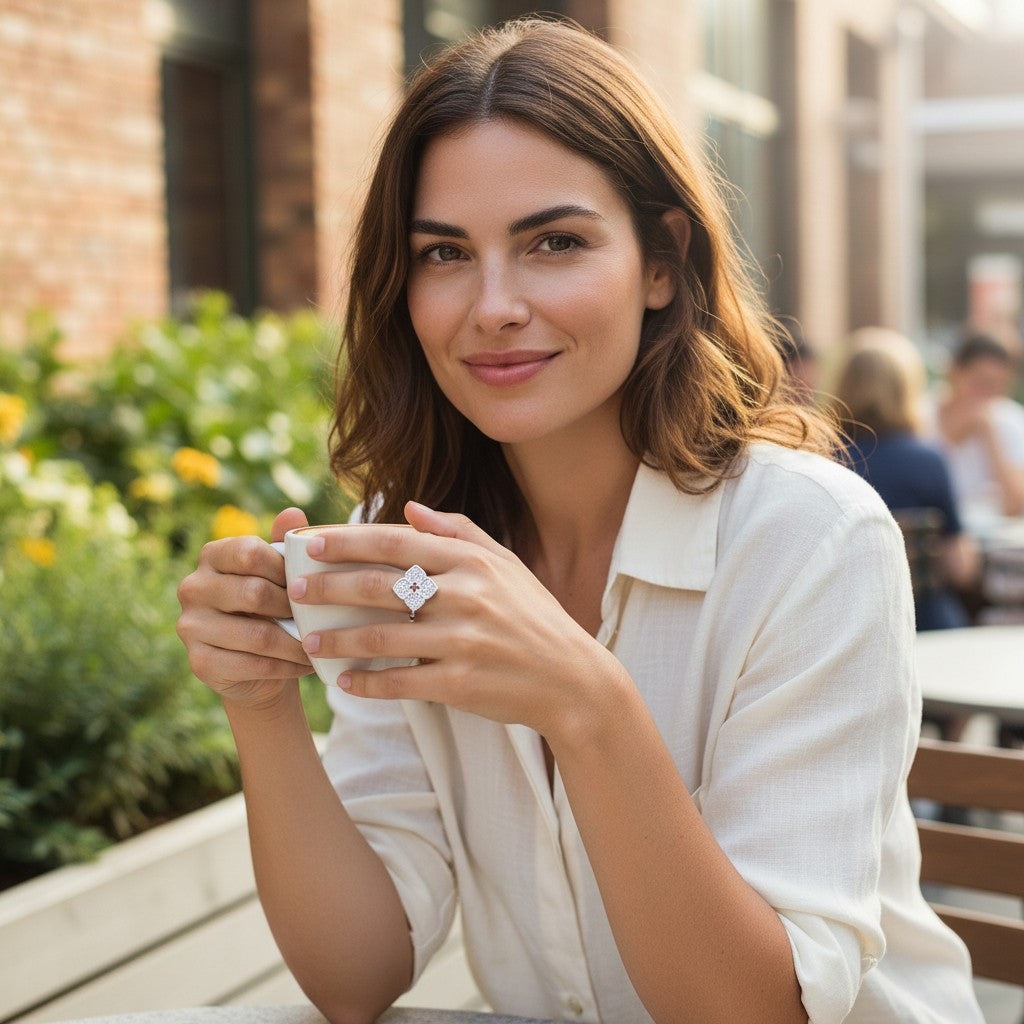 A woman wearing a Bee-Bees four-leaf clover moissanite ring while holding a coffee cup at an outdoor cafe.