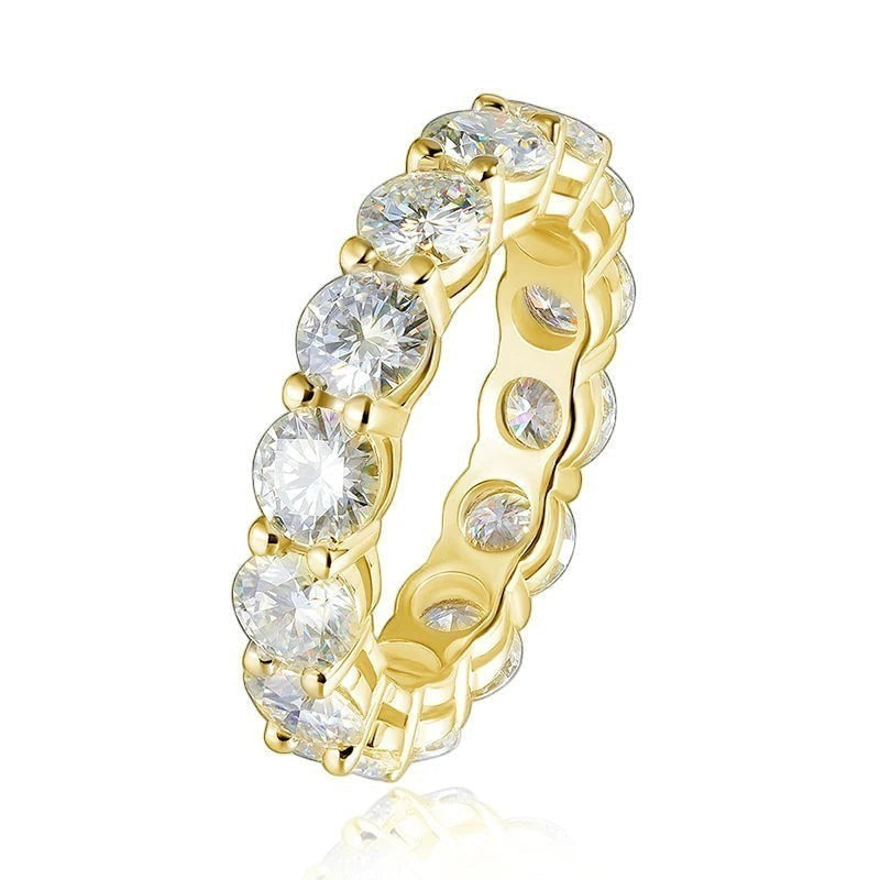 Bee-Bees Full Eternity Moissanite Band in 925 Sterling Silver with 7ctw D Color VVS1 stones and 18K yellow gold plating.