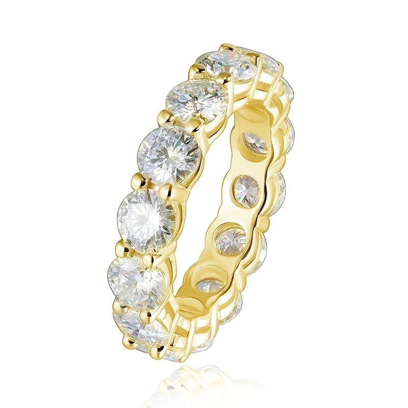 Bee-Bees Full Eternity Moissanite Band in 925 Sterling Silver with 7ctw D Color VVS1 stones and 18K yellow gold plating.