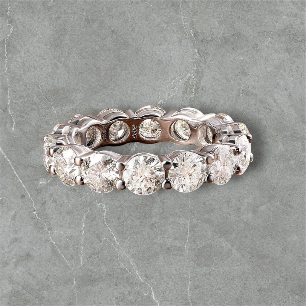 Bee-Bees Full Eternity Moissanite Band in 925 Sterling Silver, 7.0 CTW, 5mm round cut stones, GRA Certified.