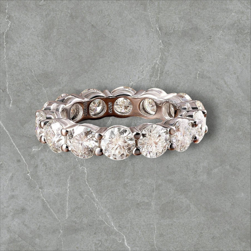 Bee-Bees Full Eternity Moissanite Band in 925 Sterling Silver, 7.0 CTW, 5mm round cut stones, GRA Certified.