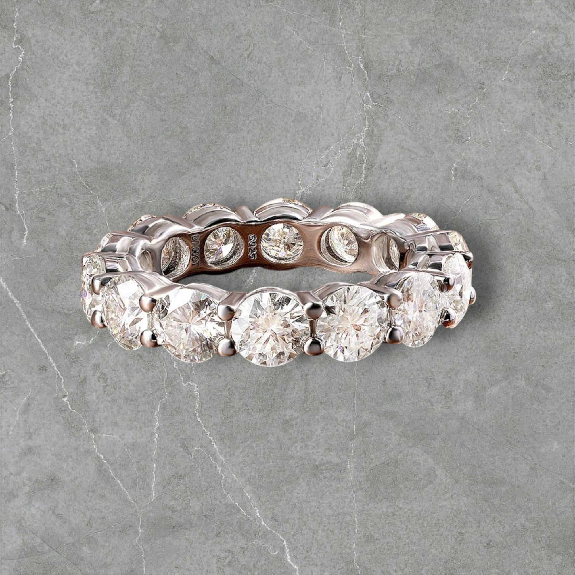 Bee-Bees Full Eternity Moissanite Band in 925 Sterling Silver, 7.0 CTW, 5mm round cut stones, GRA Certified.