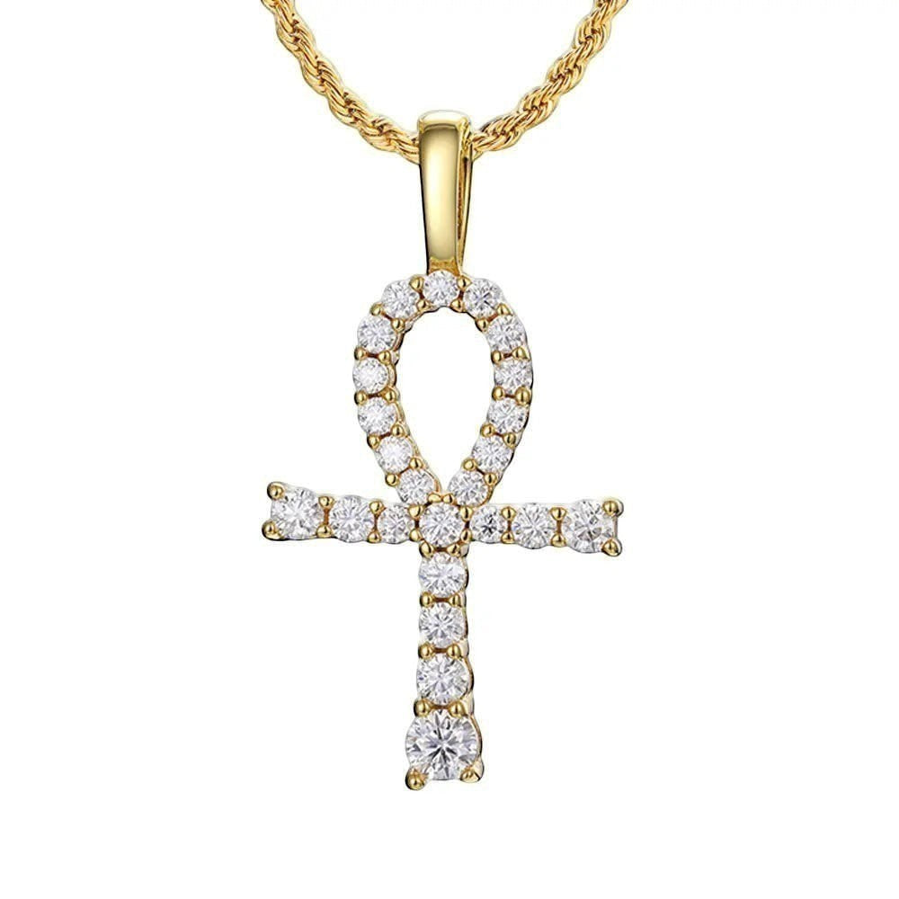 Bee-Bees gold ankh pendant necklace with clear moissanite stones and rope chain.