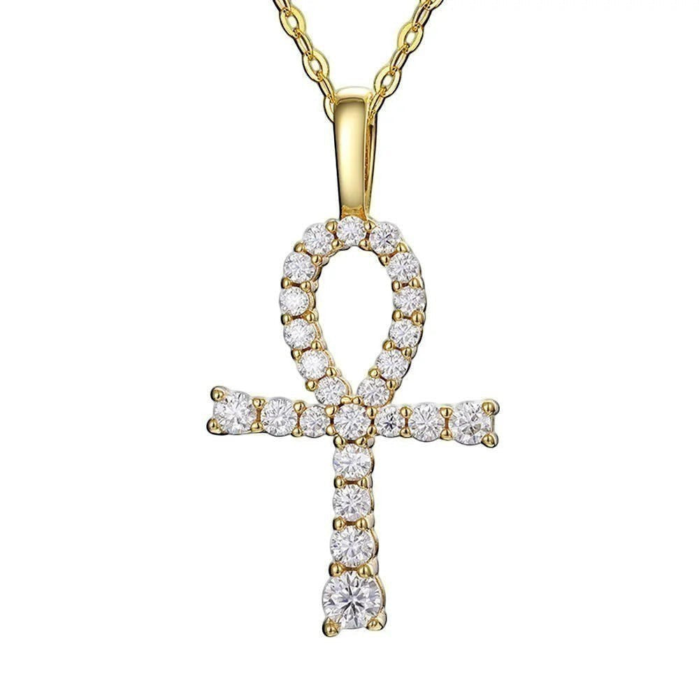 Bee-Bees gold ankh pendant necklace with D color VVS1 moissanite stones and 925 sterling silver.