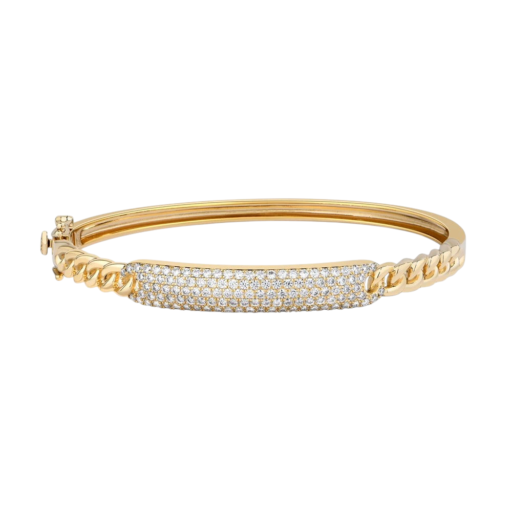 Bee-Bees 18k yellow gold plated sterling silver Cuban link bangle featuring a pave-set moissanite diamond bar.