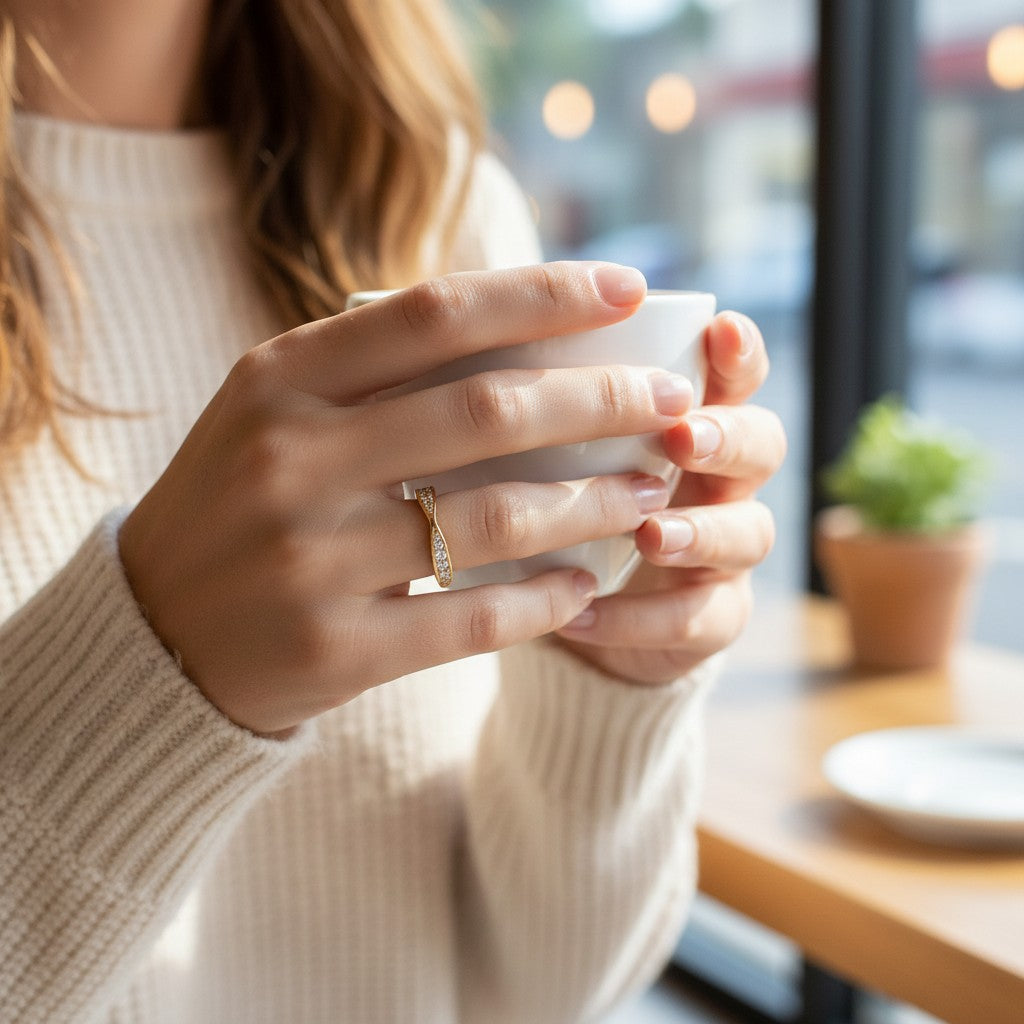 Bee-Bees gold moissanite eternity band worn by a woman holding a coffee cup in a cozy cafe setting.