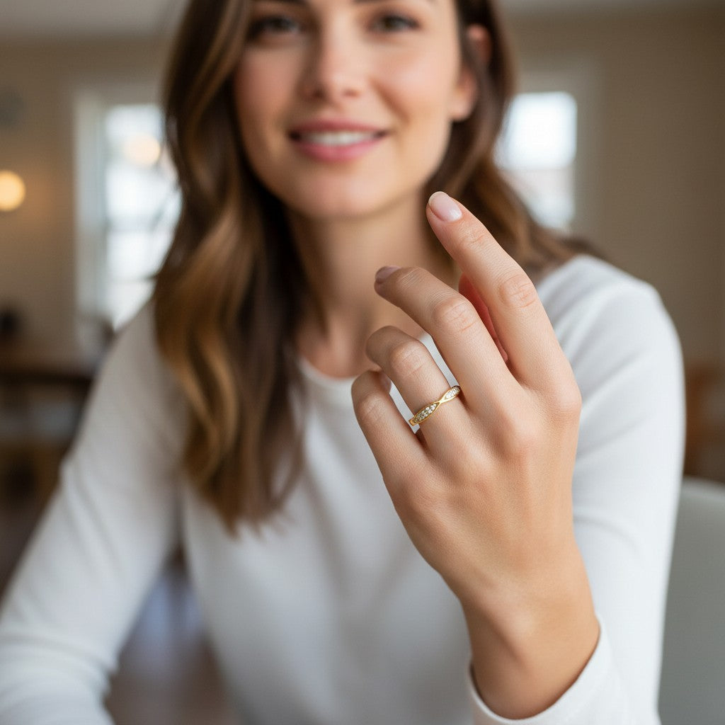 Bee-Bees full moissanite eternity band in gold on a woman's finger, featuring round brilliant-cut stones.