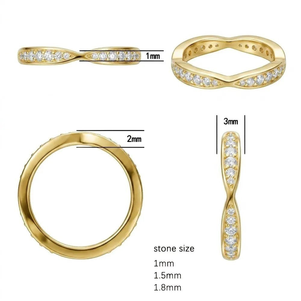 Bee-Bees gold-plated sterling silver moissanite eternity band with a curved wave design and round stones.