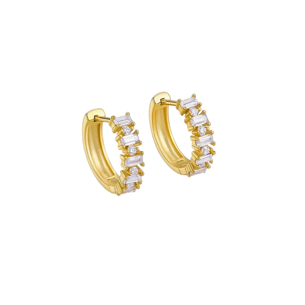 Bee-Bees 18K gold plated sterling silver huggie earrings featuring alternating emerald and round cut moissanite stones.