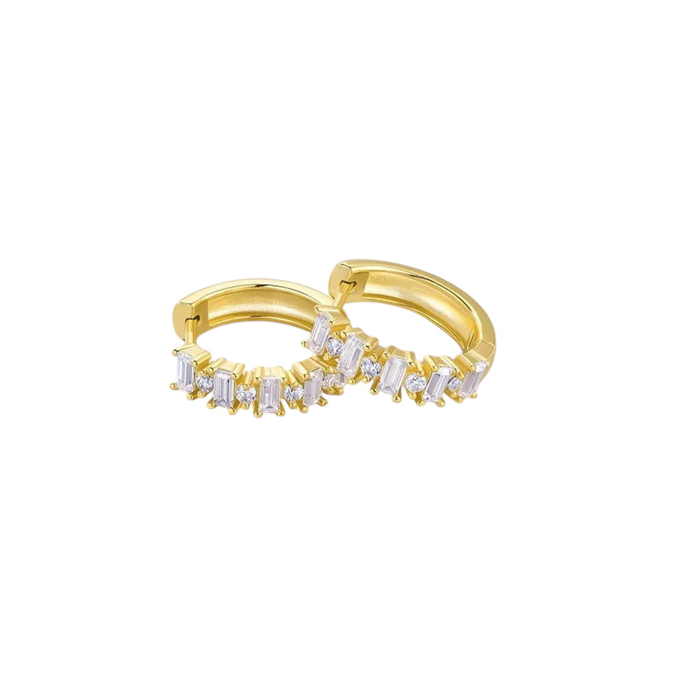 Bee-Bees 18K gold plated sterling silver huggie earrings featuring emerald and round cut moissanite stones.