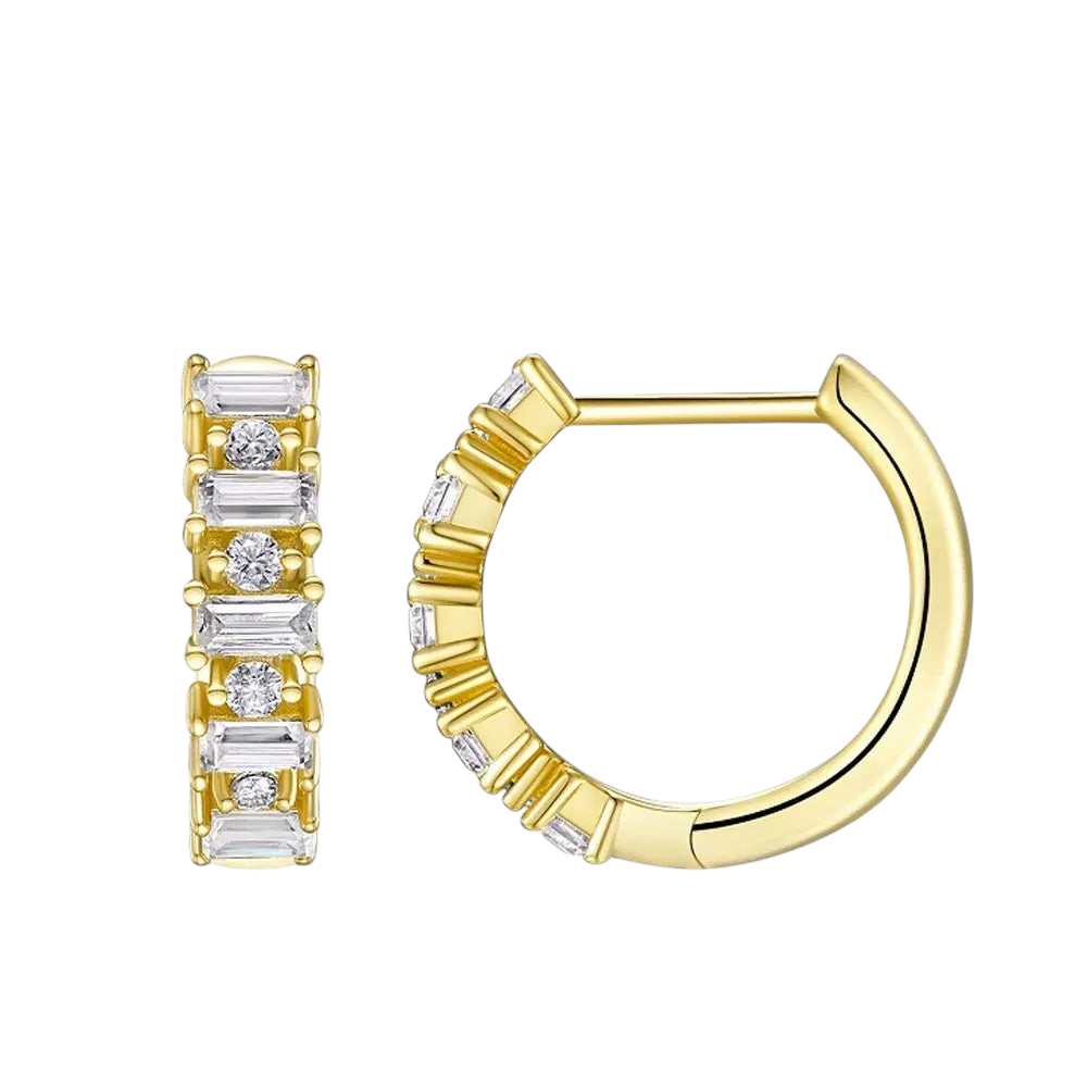 Bee-Bees 18K gold-plated sterling silver huggie earrings featuring alternating emerald and round cut moissanite stones.
