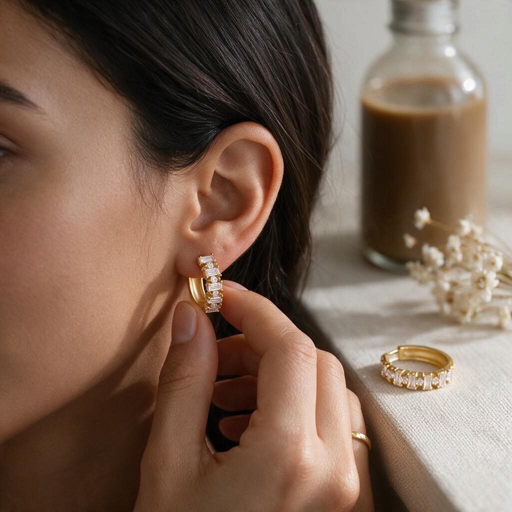 Bee-Bees 18K gold plated sterling silver huggie earrings featuring emerald and round cut moissanite stones on a model