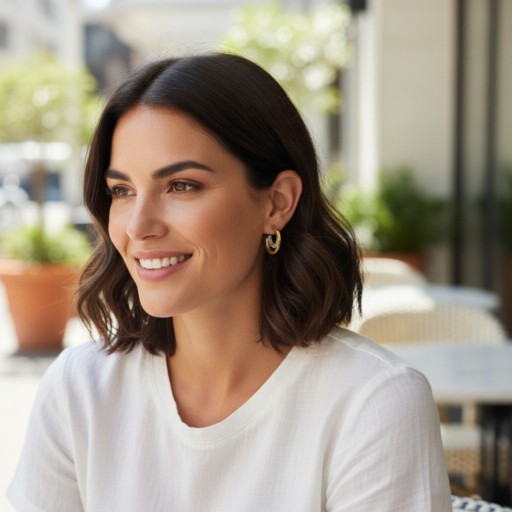 Bee-Bees gold-plated moissanite huggie hoop earrings worn by a smiling woman in a white shirt at an outdoor cafe