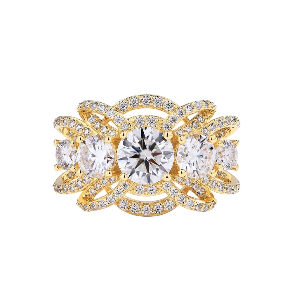 Bee-Bees luxury gold-plated sterling silver ring featuring a round moissanite center stone with intricate pave accents.