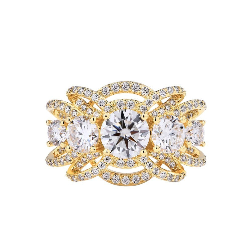 Bee-Bees luxury gold-plated sterling silver ring featuring a round moissanite center stone with intricate pave accents.