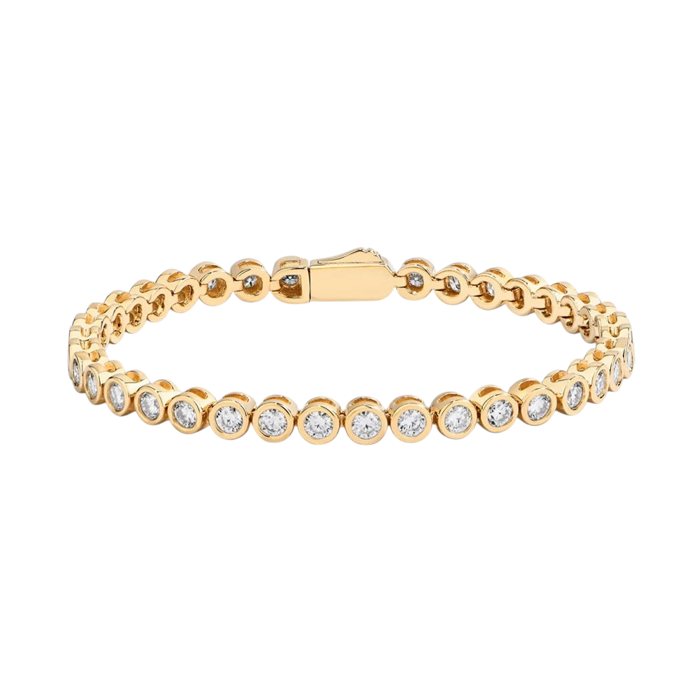 Bee-Bees gold-plated 925 sterling silver tennis bracelet featuring 3mm round-cut D color VVS1 moissanite stones.